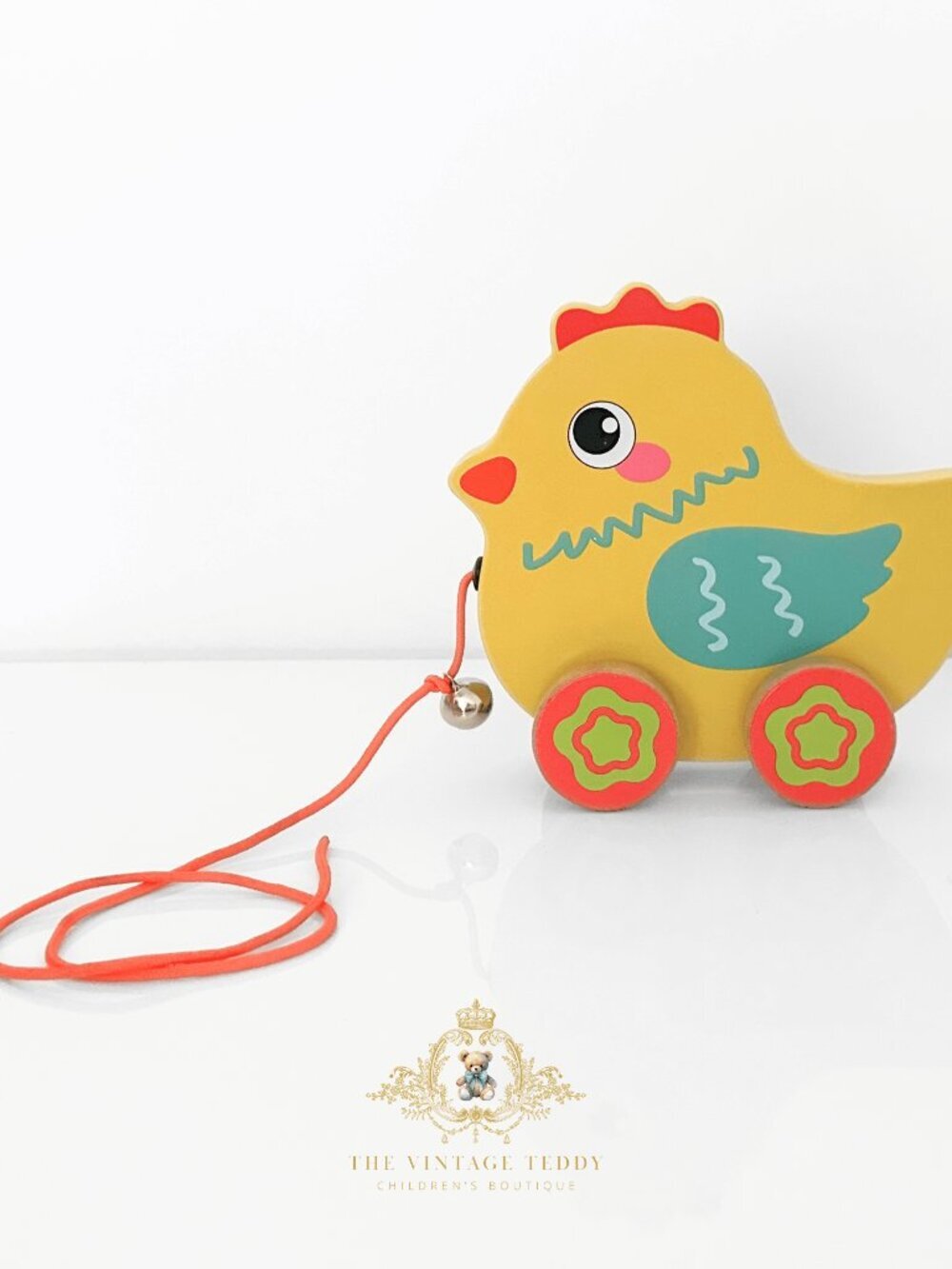 NWT Cute Children's Wooden Hand-Painted Toy Pull Along Animal Trailer Chicken